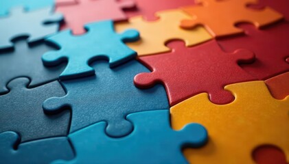 Obraz premium Close-up of interlocking puzzle pieces representing business , pieces, synergy, solution