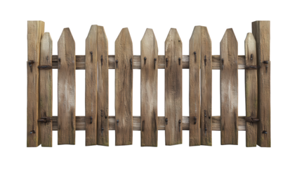 a wooden picket fence with a rustic appearance featuring pointed tops and a weathered texture commonly used for decoration or to define boundaries in gardens or yards