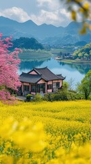 Fototapeta premium Jiangnan scenery, bungalow, cherry tree, rapeseed flower field, beautiful lake in the center, high resolution, distant photo.