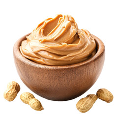 Creamy peanut butter in wooden bowl with peanuts