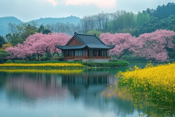 Obraz premium Jiangnan scenery, bungalow, cherry tree, rapeseed flower field, beautiful lake in the center, high resolution, distant photo.