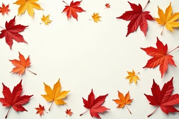 Fototapeta premium Crisp, vibrant maple leaves scattered on pure white , leaves on white, red