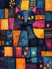 Colorful abstract african fabric art with a cat and vibrant patterns and textures