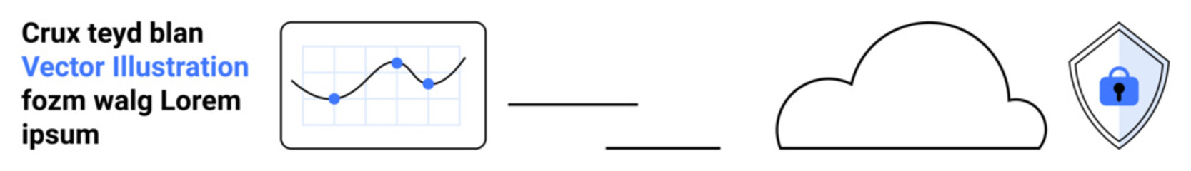 Cloud outline connected to a data graph with fluctuating lines and a protective shield showcasing a blue padlock. Ideal for cybersecurity, data protection, cloud storage, secure backup, technology