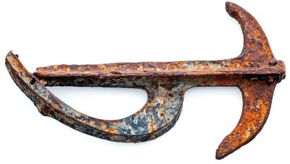 Rusty anchor isolated on white background.  Detailed view of the aged metal, showing signs of corrosion and wear.  The anchor's shape is clearly visible, with the flukes and shank