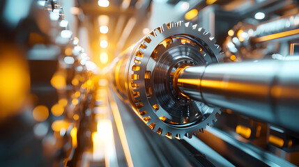 Obraz premium A close-up view of a metallic gear and shaft, showcasing intricate details and a warm, glowing background.