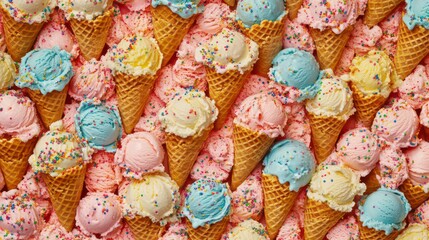 Colorful ice cream cones, assorted flavors, close-up, background texture