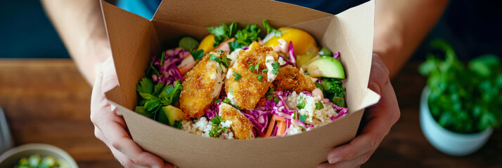 Takeout Treat: A healthful, fresh lunch bowl of fried fish, vibrant vegetable and rice being held