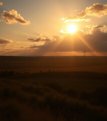 Fototapeta premium Golden sunlight illuminating landscape, vibrant sky, weather, panorama