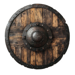 Fototapeta premium Medieval weapon. Viking shield. White, solid, transparent background. 
