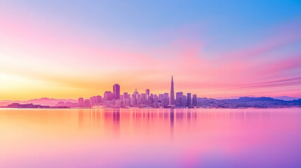 Fototapeta premium Cityscape sunrise, calm bay, pastel sky, urban skyline, travel postcard