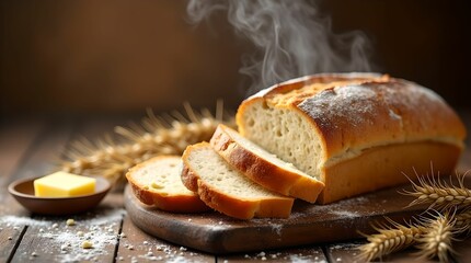 Freshly baked bread on a wooden board