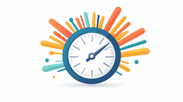 Clock displaying time, colorful burst background, concept of speed and efficiency, ideal for business or project management presentations