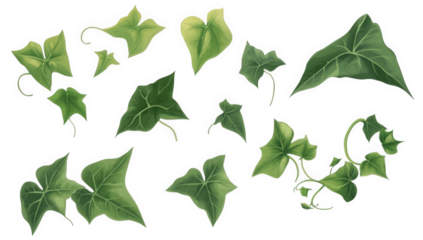 collection of various ivy leaves showcasing different shapes and shades of green the illustration serves as a graphic resource for botanical design or educational purposes