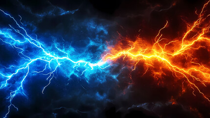 Blue and orange lightning colliding with intense contrast