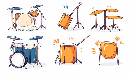 Colorful drum kit illustrations; various views; music; studio background; for music website or tutorial