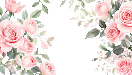 a beautiful floral design featuring soft pink roses and green leaves creating an elegant border suitable for invitations or decorative backgrounds