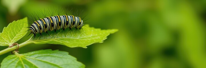 Fototapeta premium A Crawling Caterpillar on a Leaf, Natural Background