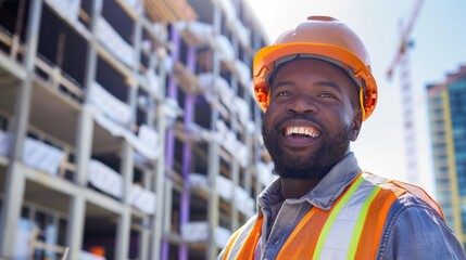 Happy construction worker wearing a helmet and high-visibility vest, with a building project in the background