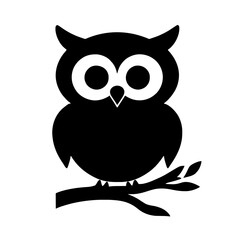 Minimalist black silhouette of a perched owl with large eyes