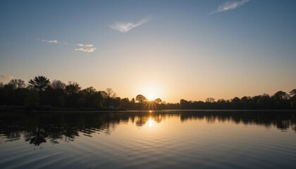 Fototapeta premium Sunrise reflection over tranquil lake nature photography calm waters scenic view