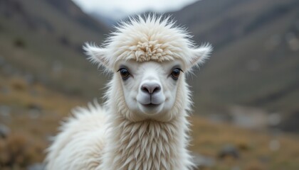 Obraz premium Fluffy alpaca portrait andean mountains animal photography natural habitat close-up wildlife