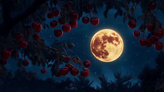 Enchanting full moon over apple orchard illuminated by magical night sky