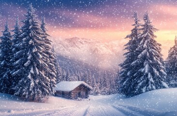 A beautiful snowy landscape with trees covered in snow and an old wooden cabin surrounded by pine trees.
