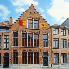 Fototapeta premium Historic European Building with Belgian Flag Against Clear Blue Sky