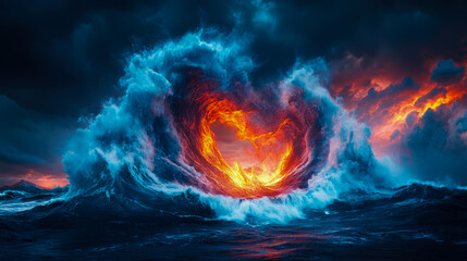 Fiery Portal: swirling vortex of lava and ocean, a powerful depiction of elemental chaos and raw energy. For adventure game promo, or a fantasy novel cover.