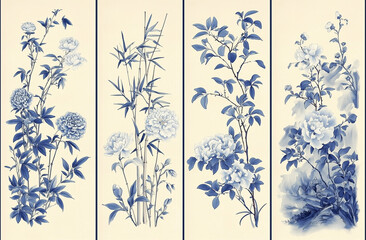 Blue and white porcelain wall art featuring floral designs with peonies and bamboo