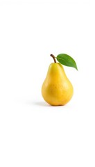 A single ripe yellow pear with a green leaf, isolated on a pure white background, agriculture, background