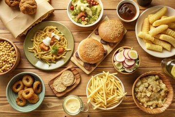 Classic Cheeseburger with French Fries on a Striped Surface