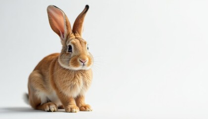 Obraz premium Brown rabbit with long ears sits on white, looking directly at camera , cute, chocolate