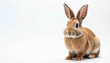 Obraz premium Brown rabbit with long ears sits on white, looking directly at camera , ear, closeup, nose