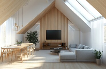 Fototapeta premium Stylish small apartment interior with an angled ceiling, featuring light wood flooring and white walls.