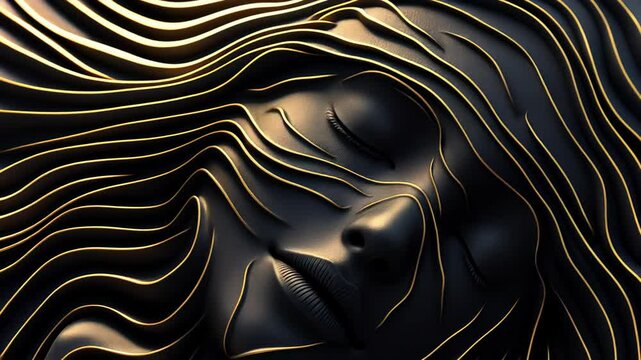 Mesmerizing abstract face with flowing golden lines in dynamic progression