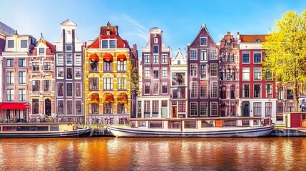 Obraz premium Colorful Houses Along the Amstel River in the Netherlands at Dusk