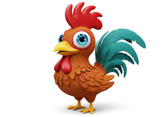 Cartoon rooster with red comb and teal tail feathers standing on a white background