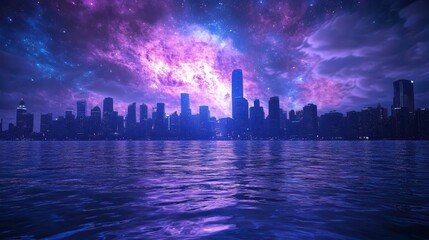 A vibrant cityscape silhouetted beneath a gorgeous starry night sky