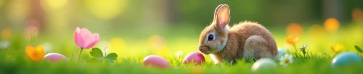 Fototapeta premium Fluffy bunny nibbles clover near colorful eggs nestled in spring meadow flowers , wildflower, cute, flora