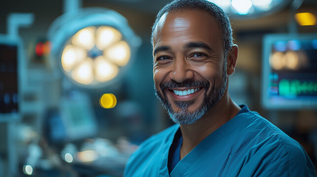 African American doctor in scrubs in a hospital operating room