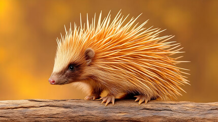 Fototapeta premium Cute orange hedgehog on wood, autumn background, wildlife photography, nature poster