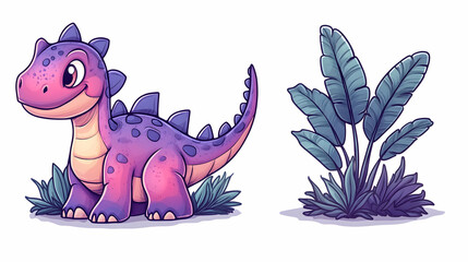 Cute purple dinosaur cartoon illustration with tropical plants, perfect for children's books or educational materials