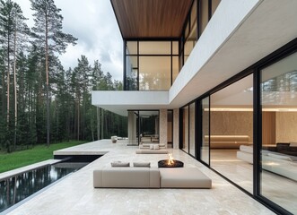 A modern house nestled in the forest, with an open area featuring a terrace and sofa seating surrounding a fire pit