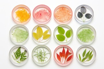 A close-up view of various Petri dishes containing different colored cosmetic gel swatches isolated on white background
