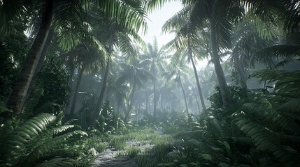 Obraz premium Lush Tropical Forest Filled with Ferns and Cycads Under Soft Light