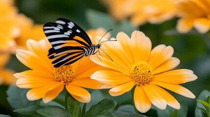 Butterfly on orange flowers in a garden; nature background, ideal for spring greeting cards