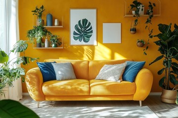 Modern and colorful interior of living room with design boucle sofa, mock up poster, shelf, plants, decorations and personal stuff. Home decor..