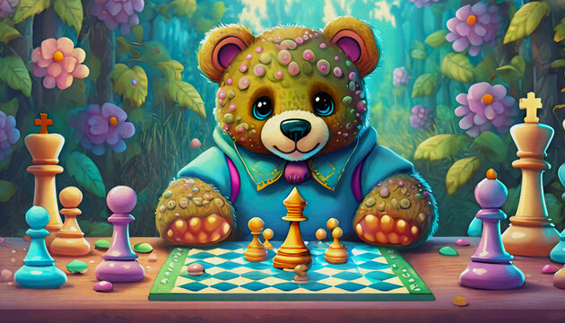 oil paint style cartoon character illustration baby tedy bear play a game of chess while sitting at the table
